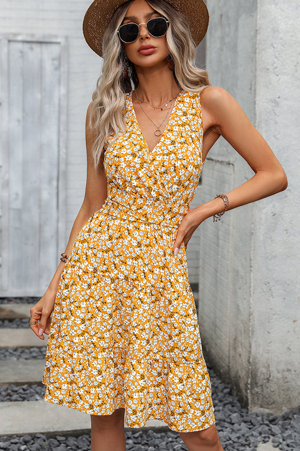 Saskia's V-Ausschnitt Blumenmuster Taillenkleid