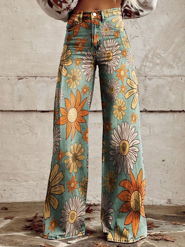 Florva™ Vintage Blumenhose mit Weitem Schnitt für Elegante Looks
