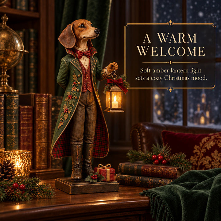 DackelGlanz™ Weihnachtliche Dackelfigur mit leuchtender Laterne
