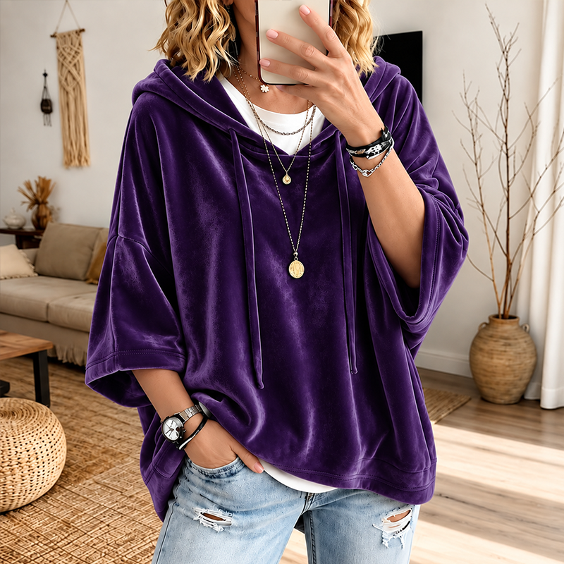SamtLuxe™ Oversize-Velours-Hoodie mit 3/4-Ärmeln
