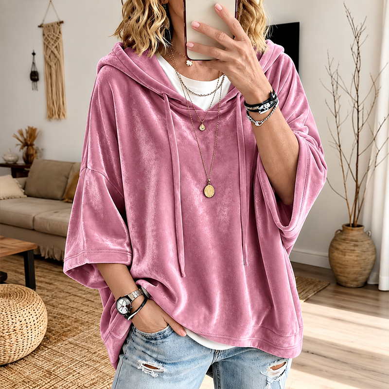 SamtLuxe™ Oversize-Velours-Hoodie mit 3/4-Ärmeln