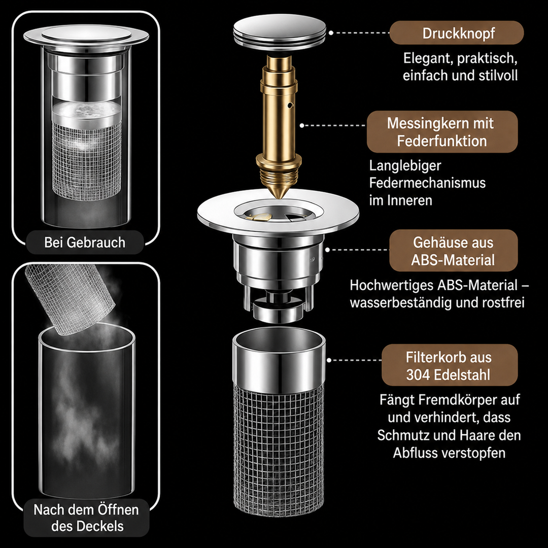 AbflussKlar™ Pop-up-Abflussstopfen mit integriertem Sieb