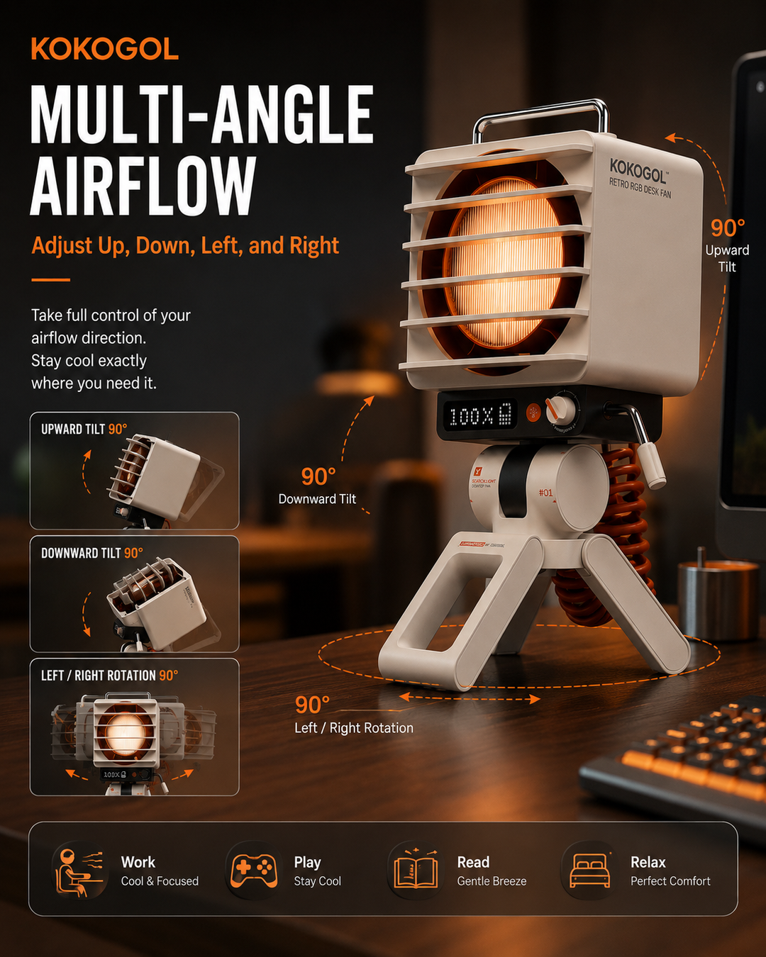 KOKOGOL AirPixel™ Retro RGB Tischventilator mit LED-Matrix-Display und 5000-mAh-Akku