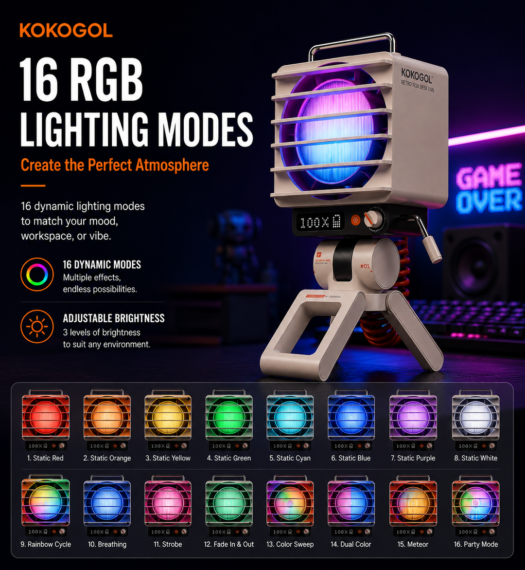 KOKOGOL AirPixel™ Retro RGB Tischventilator mit LED-Matrix-Display und 5000-mAh-Akku
