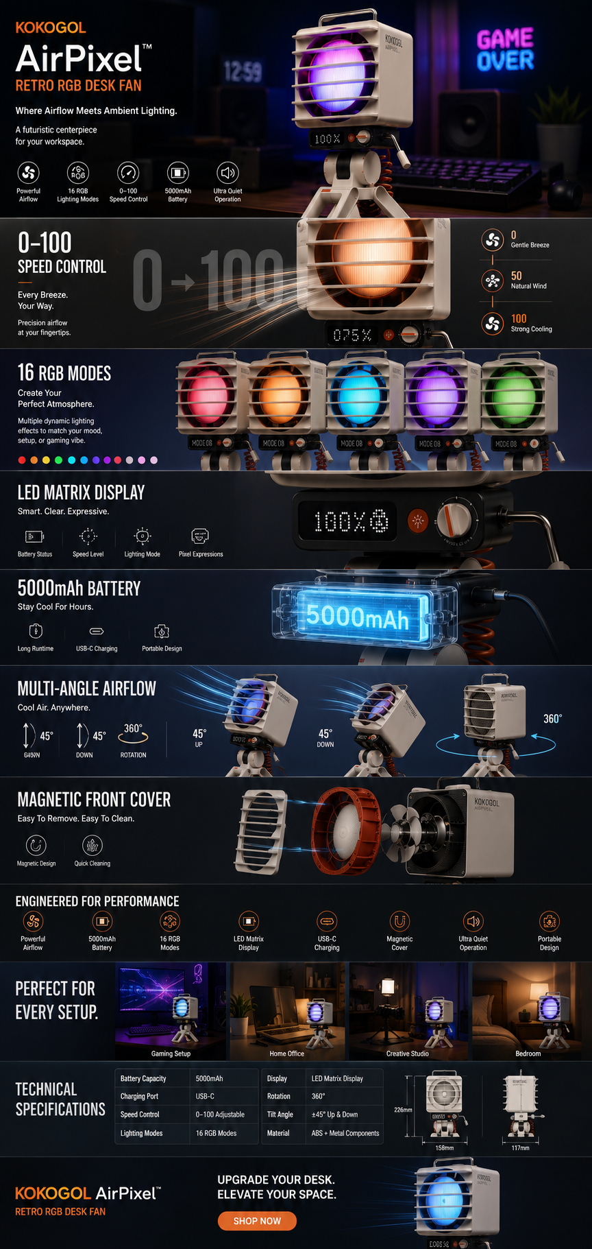 KOKOGOL AirPixel™ Retro RGB Tischventilator mit LED-Matrix-Display und 5000-mAh-Akku