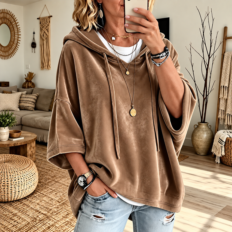 SamtLuxe™ Oversize-Velours-Hoodie mit 3/4-Ärmeln