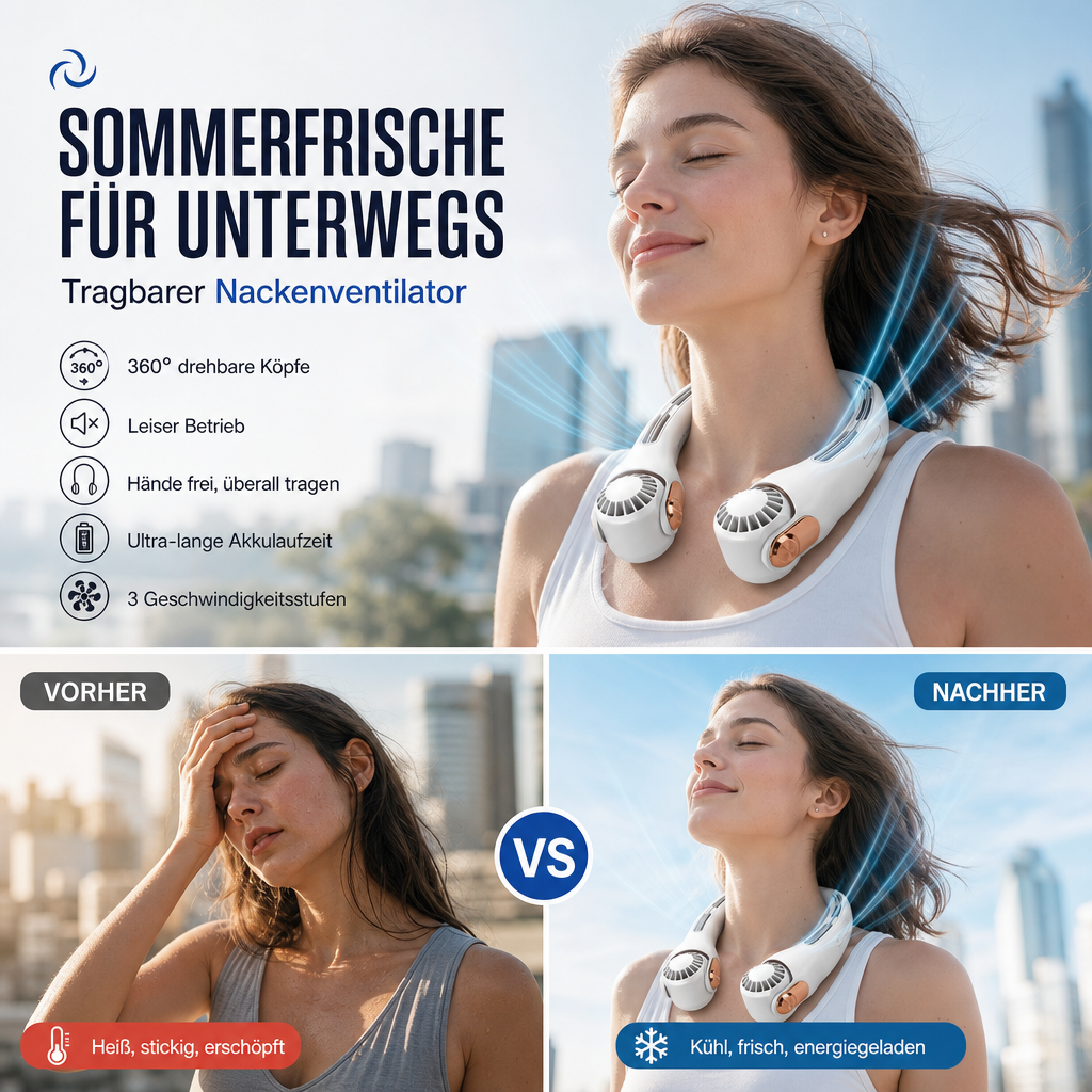AirGo™ Premium Nackenventilator – Freihändige Kühlung für unterwegs