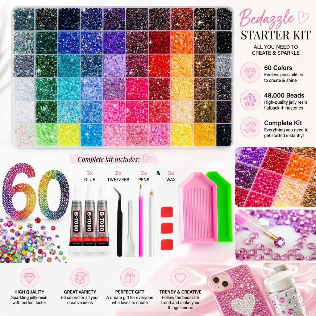 GlitzerWelt™ DIY-Bedazzle-Set – 48.000 Strasssteine in 60 Farben
