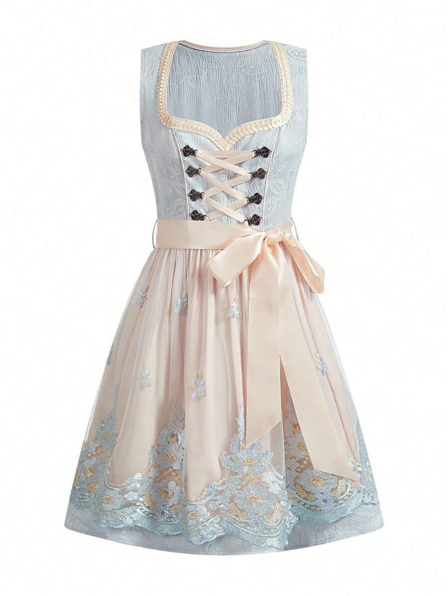 Damen Midi Dirndl mit Spitze & Schürze | Oktoberfest Trachtenkleid | DirndlGlanz