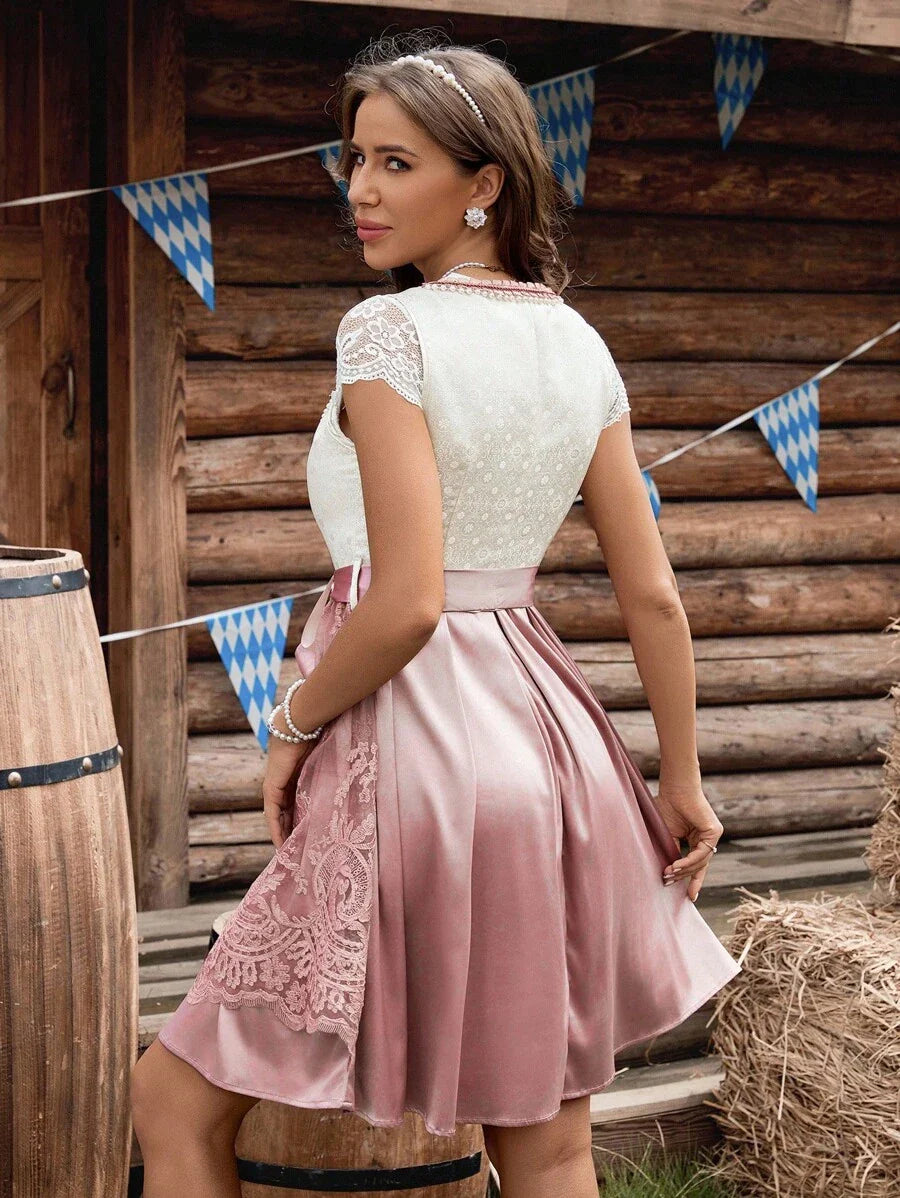 Damen Midi Dirndl mit Spitze & Schürze | Oktoberfest Trachtenkleid | DirndlGlanz