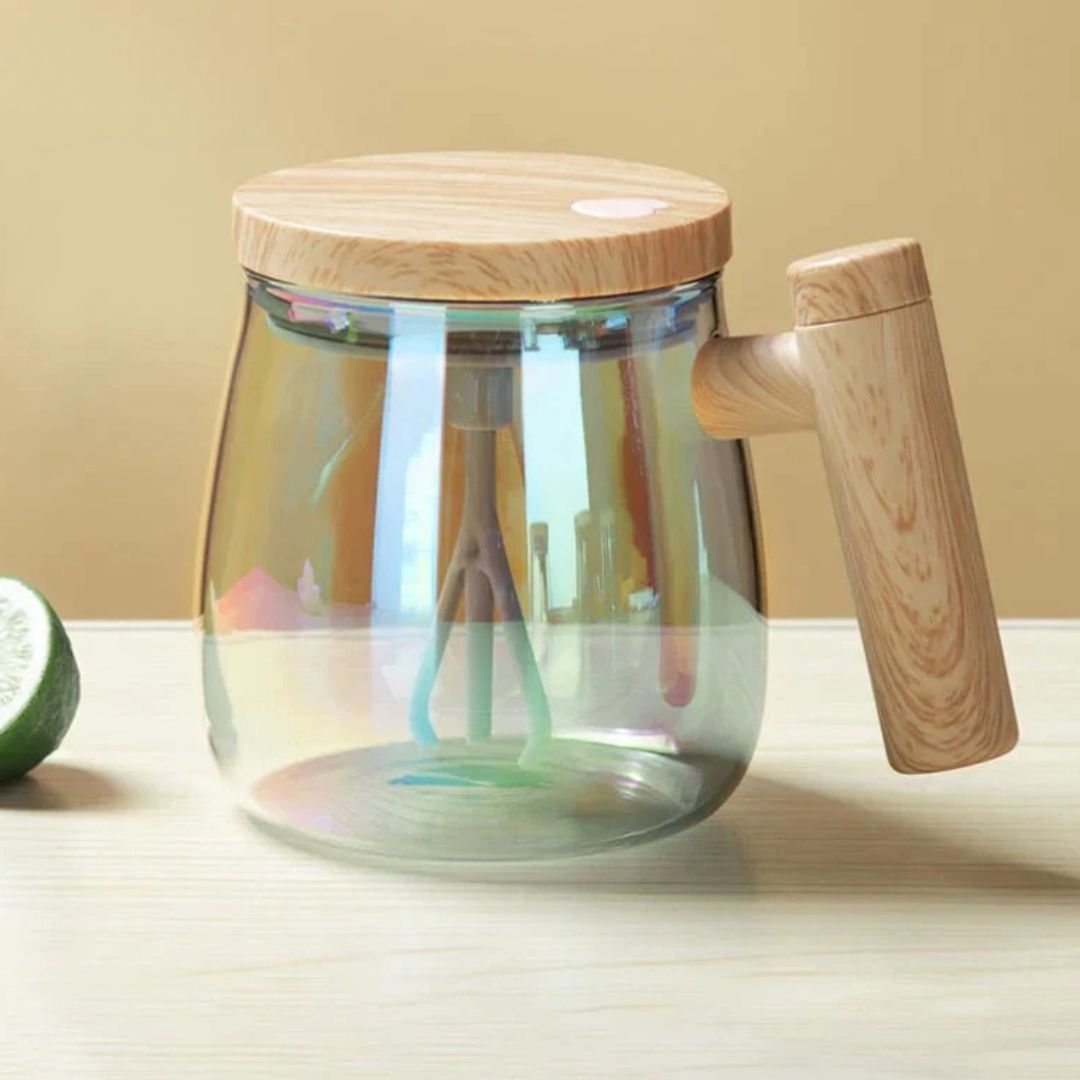 Kaffeetasse automatisch | Selbstrührende Teetasse mit Griff aus Holz | RuhrTasse
