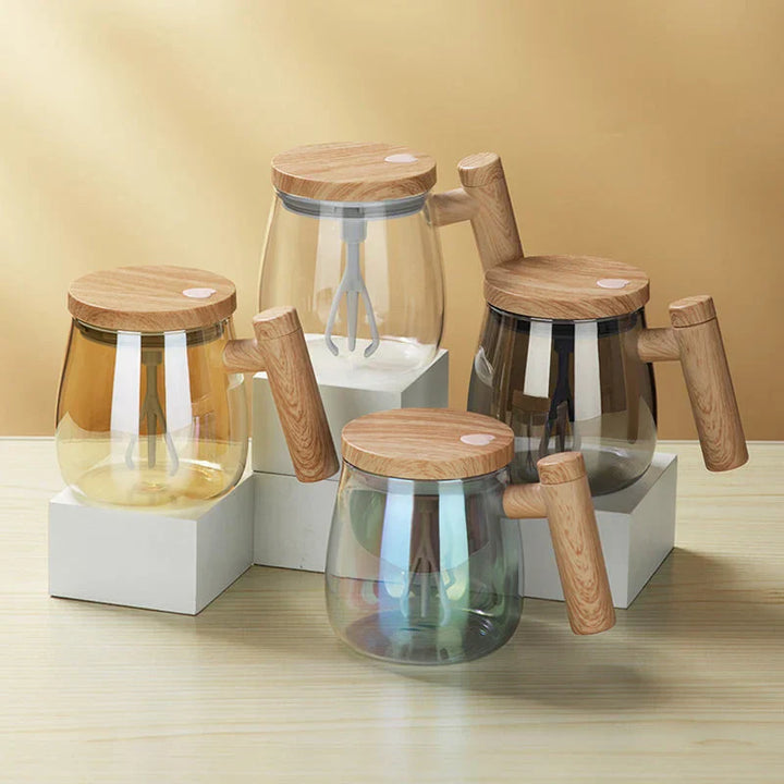 Kaffeetasse automatisch | Selbstrührende Teetasse mit Griff aus Holz | RuhrTasse