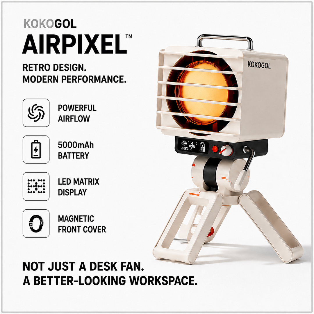 KOKOGOL AirPixel™ Retro RGB Tischventilator mit LED-Matrix-Display und 5000-mAh-Akku