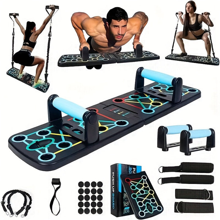 Krafttraining Set für zuhause mit Liegestützgriffen | Push up Board mit Widerstandsbändern | KraftBoard