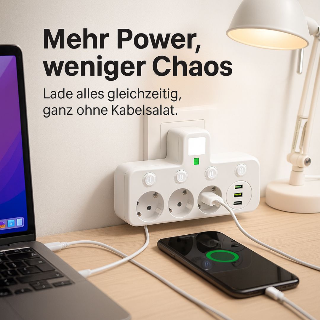 Steckdosenleiste mit 3 Steckdose | Mehrfachsteckdose mit USB & Schalter | PowerGrid
