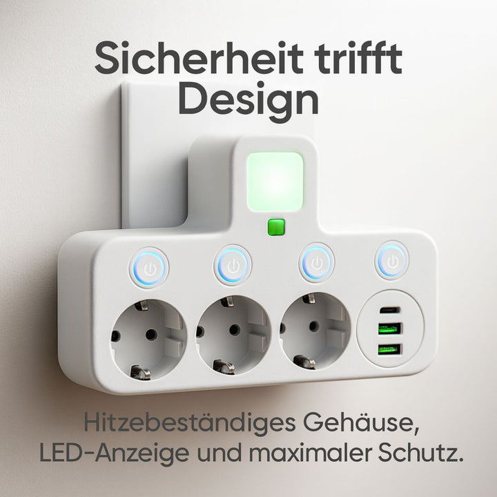 Steckdosenleiste mit 3 Steckdose | Mehrfachsteckdose mit USB & Schalter | PowerGrid