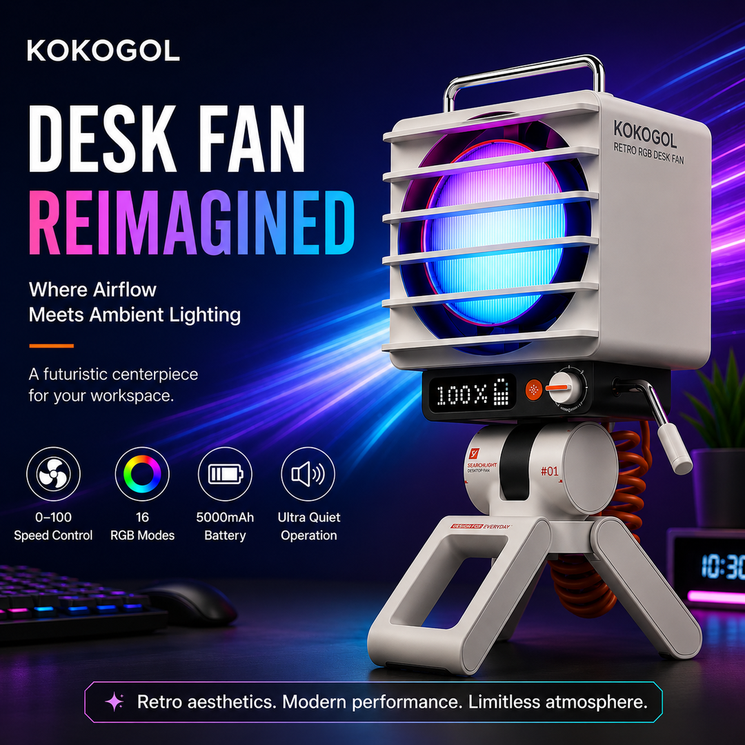 KOKOGOL AirPixel™ Retro RGB Tischventilator mit LED-Matrix-Display und 5000-mAh-Akku