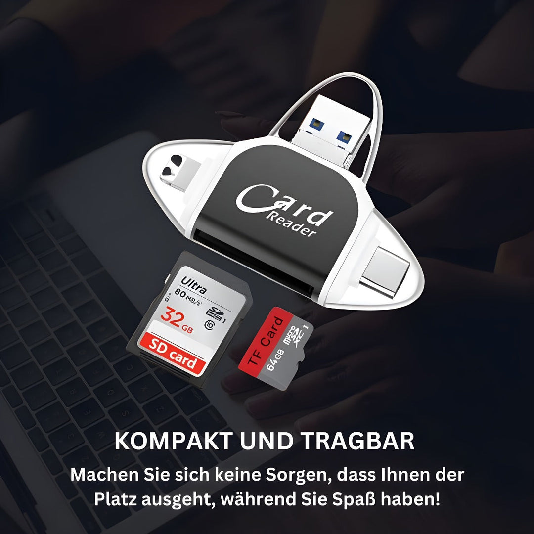 SD Kartenleser mit USB A, USB C, Micro USB & Lightning | Kartenlesegerät für iPhone, Android & Laptop | SD Kartenadapter | FlexiLink
