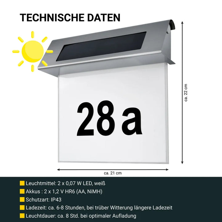 Solar Hausnummer mit LED Beleuchtung ohne Strom aus Edelstahl | Solarno