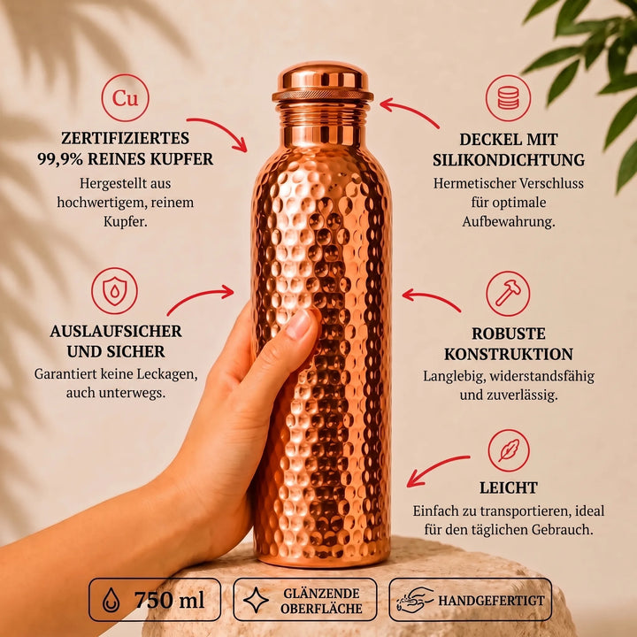 KupferKraft™ Ayurvedische Trinkflasche aus Reinkupfer
