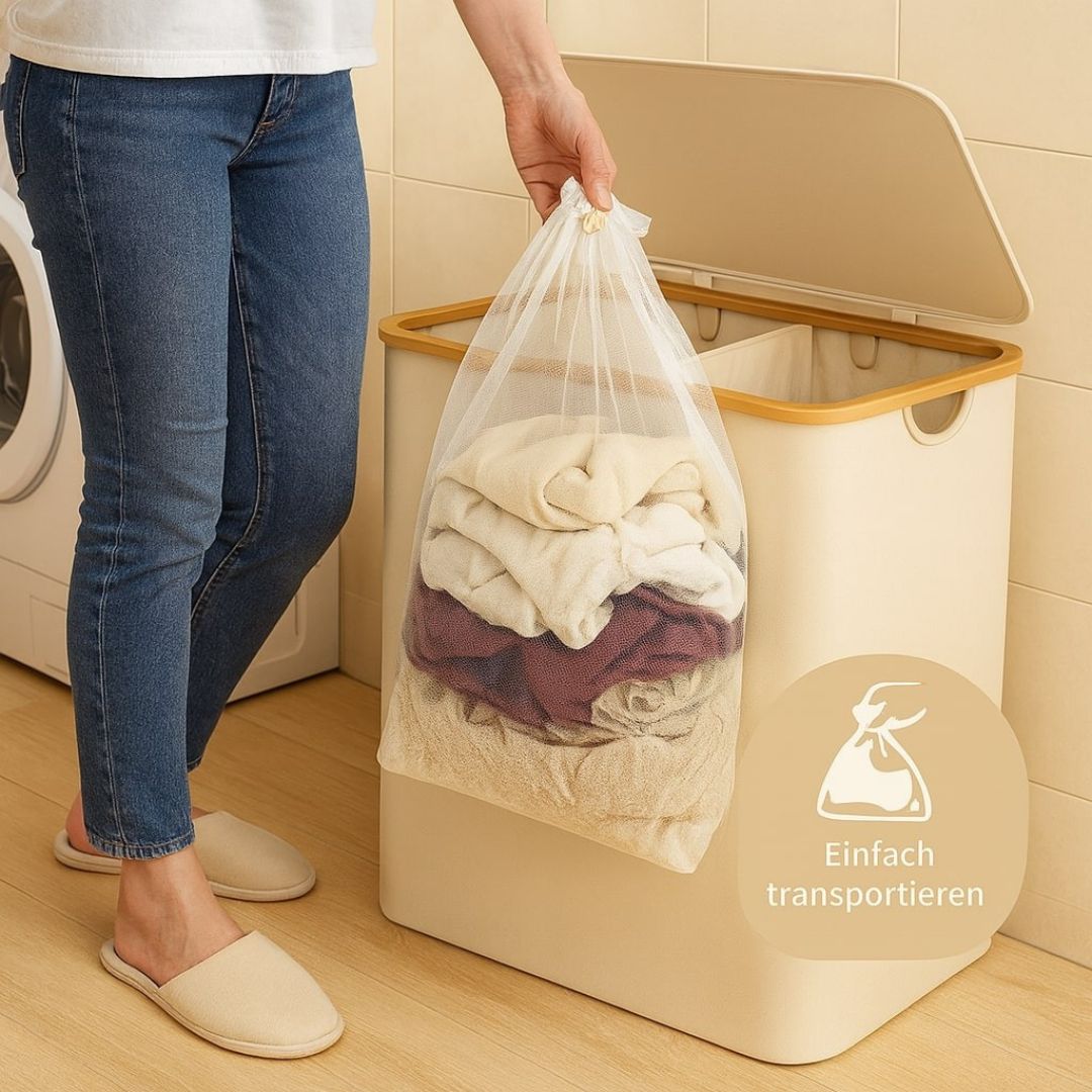 Wäschekorb mit Deckel | Wäschesammler mit 3 Fächern in Schwarz, Beige & Grau | WäscheBox