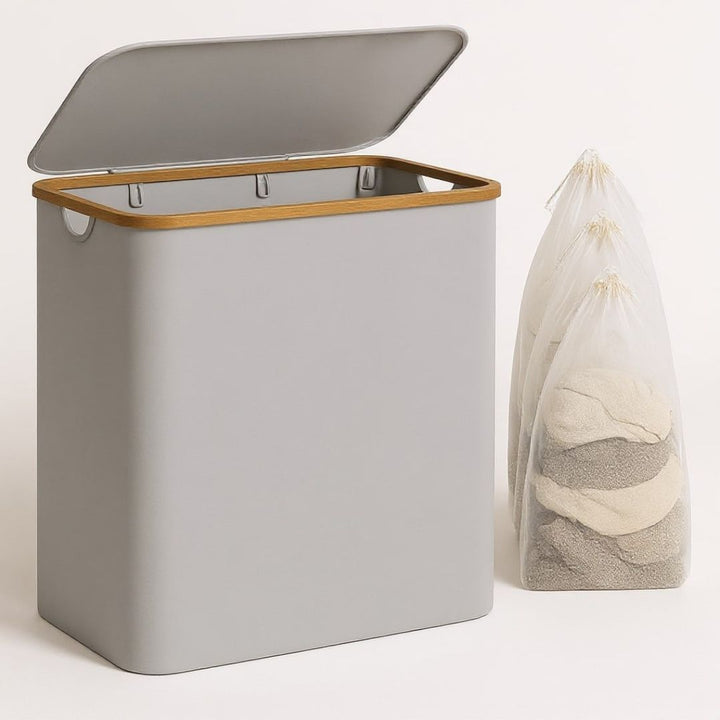Wäschekorb mit Deckel | Wäschesammler mit 3 Fächern in Schwarz, Beige & Grau | WäscheBox