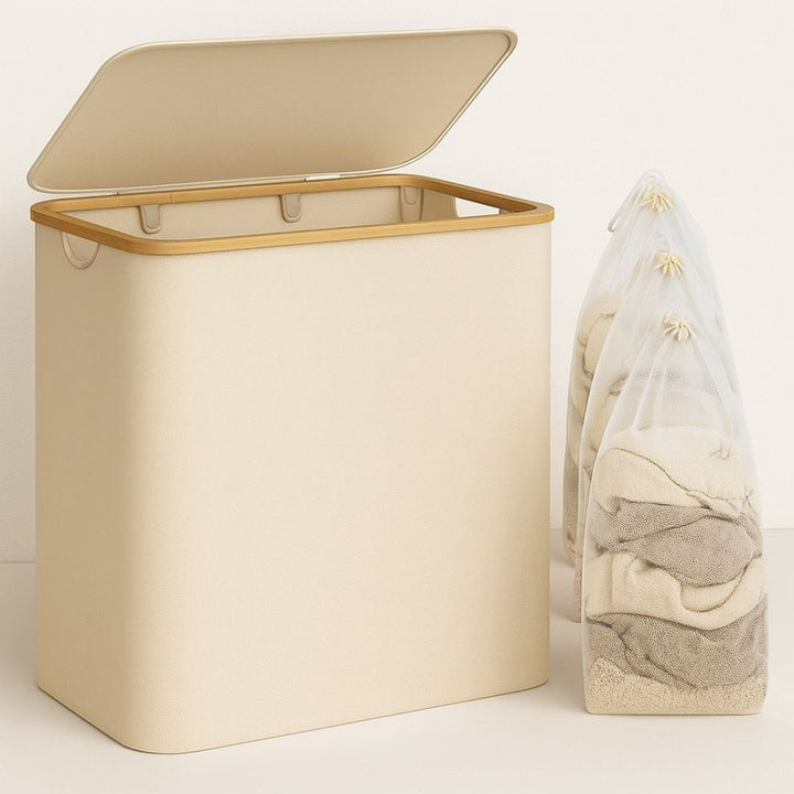 Wäschekorb mit Deckel | Wäschesammler mit 3 Fächern in Schwarz, Beige & Grau | WäscheBox